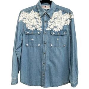 Robin Berry Pearl Embroidered Denim Western Shirt M Cowgirl Country Rodeo Chic